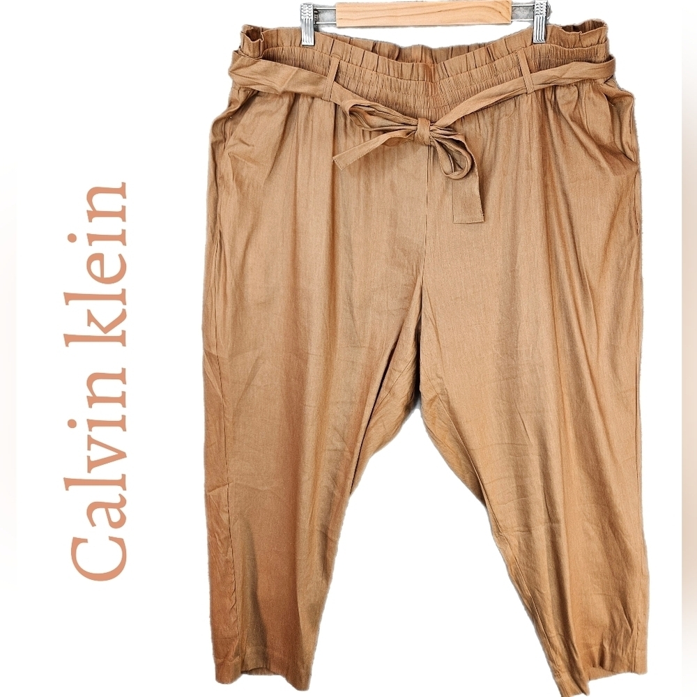 Calvin klein Womens Nutmeg Linen Blend Pull On Elastic Waist Pants Sz 3X